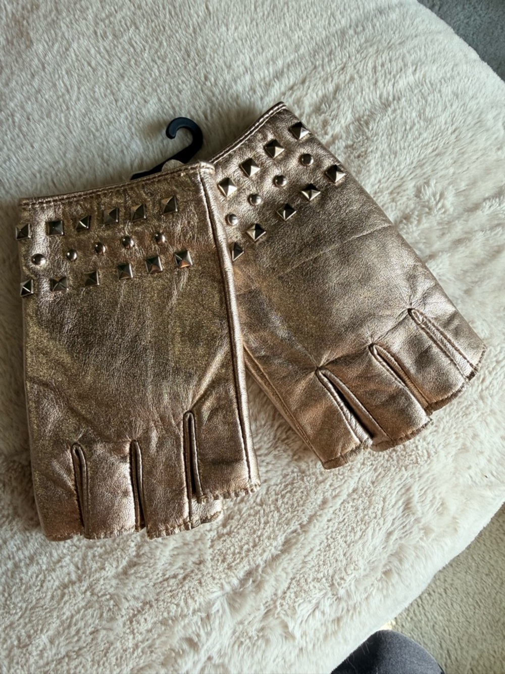 DKNY Metallic Gold Fingerless Studded Leather Gloves - NWT